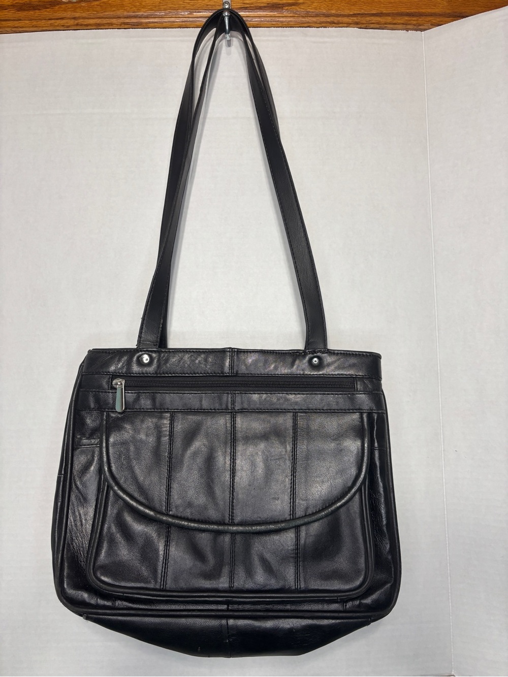 Vintage Genuine Black Leather Shoulder Bag Double Pockets Made in India